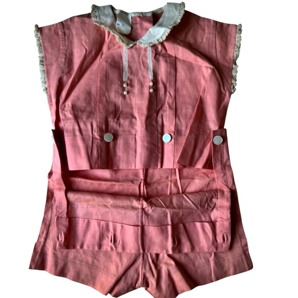 Vintage 1940s Childs Peach Pink Romper Shorts Lace Trim & Buttons 2 Piece - Picture 9 of 15